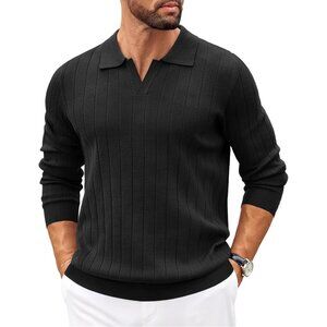 Coofandy Men Black Polo Long Sleeve V Neck Knit Lightweight Pullover Sweater